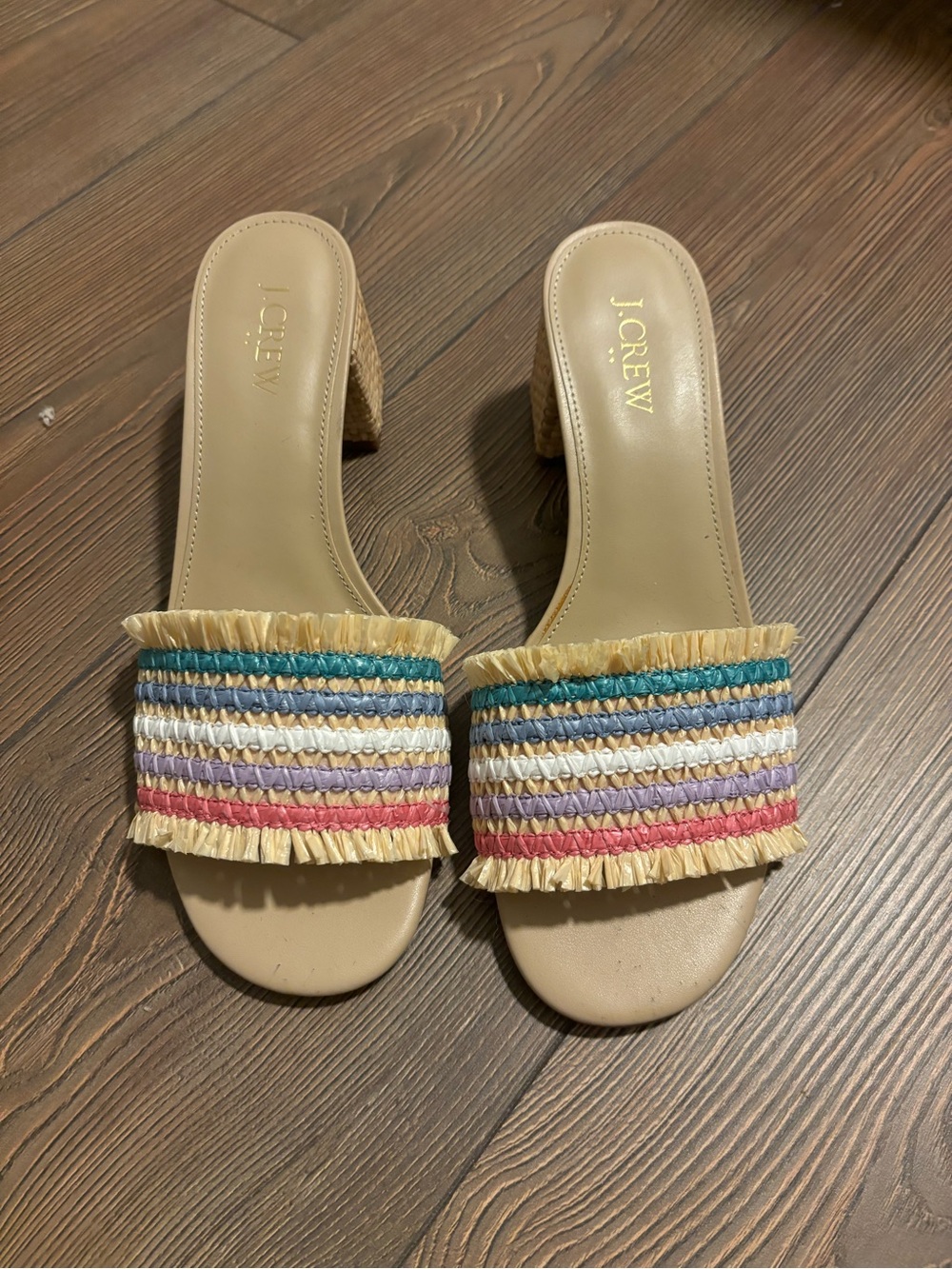 J. Crew Beige Raffia-Trim Slide Mules with Multicolor Stripes